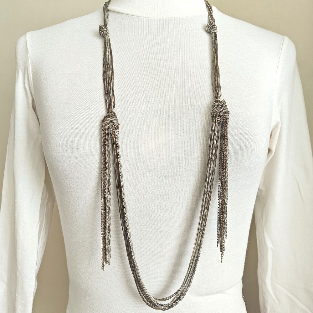 Mixed Metal Multi Strand Knotted Tassel Chain Necklace Silver Tone Extra Long